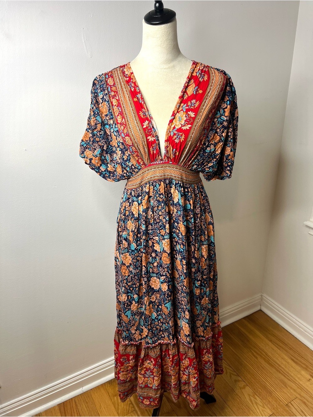 Baltic Born Floral Boho Midi Dress Puff Sleeves Ruffle Hem SZ S EUC - Picture 2 of 8